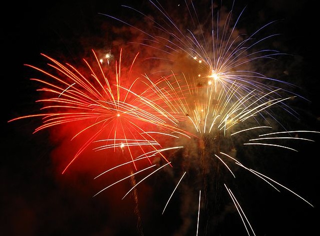 A starburst of Red, White and Blue fireworks for 4th of July