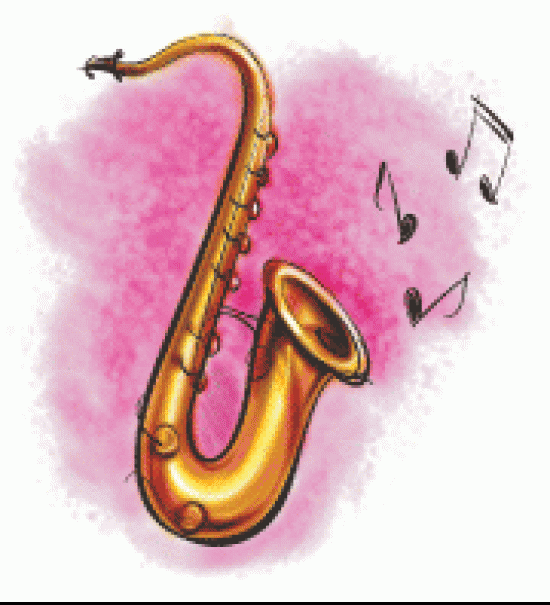 color painting of a saxophone with notes coming out bell