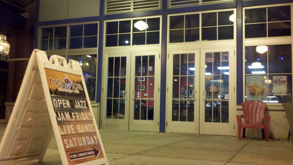 Rockn' Joe Cafe in Union hosts an Open Jazz Jam on the First Friday of every month. A sandwich board in front of Rockn' Joe Cafe in Union promotes their upcoming Open Jazz Jam.